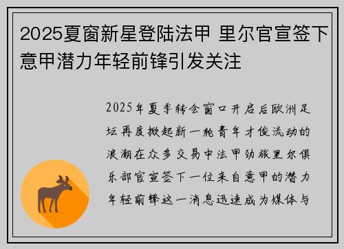 2025夏窗新星登陆法甲 里尔官宣签下意甲潜力年轻前锋引发关注